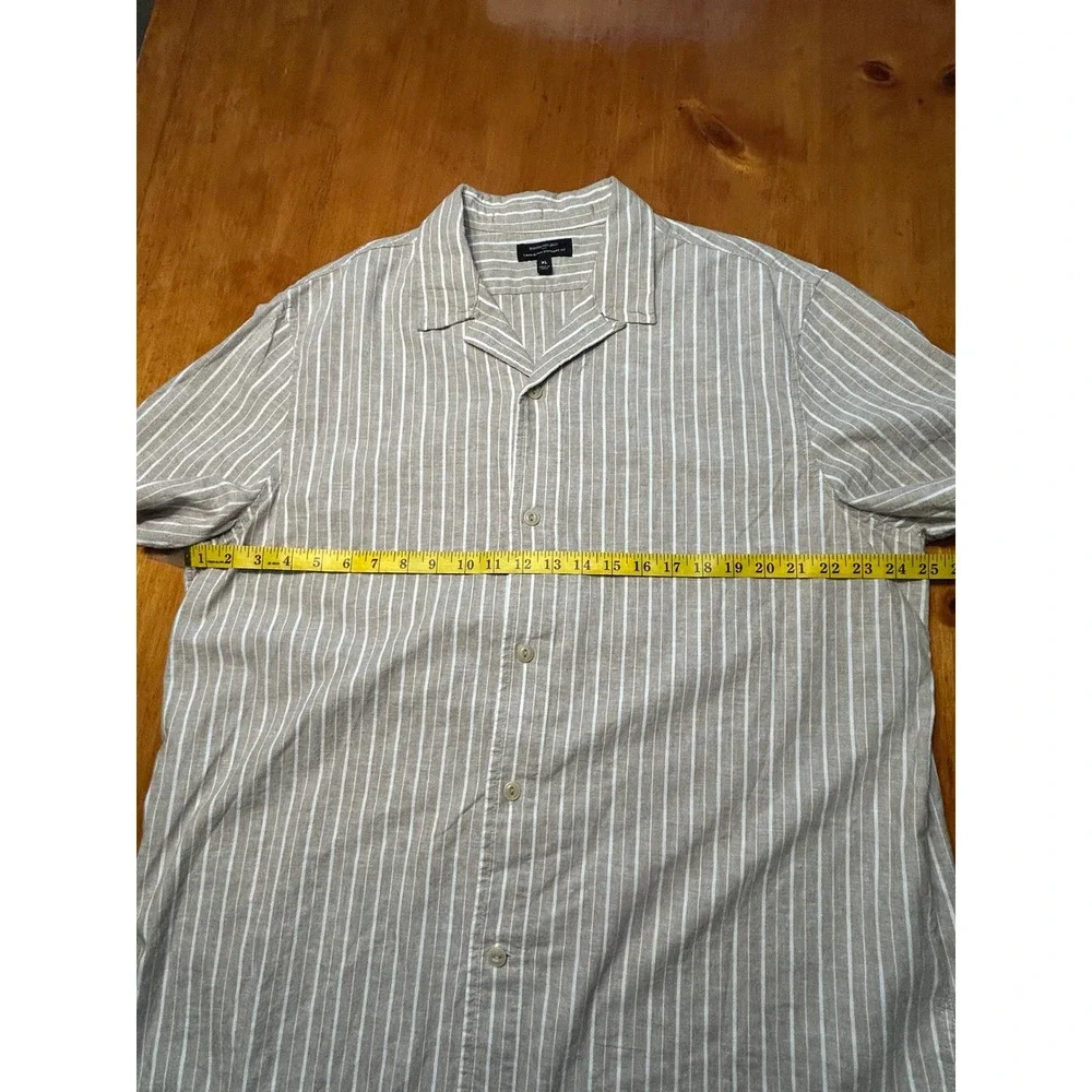 Banana Republic Mens XL Linen Blend Striped Short Sleeve Camp Collar Shirt Tan